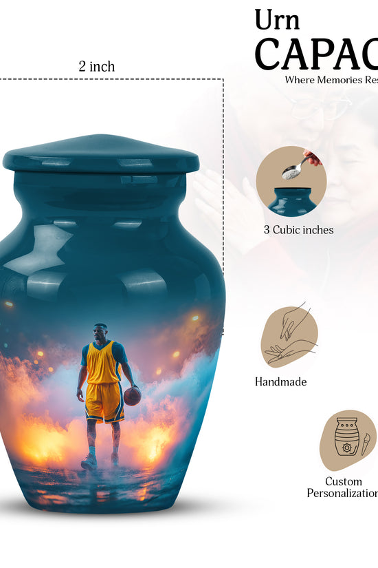 Vivid Teal Basketball Cremation Urn close-up of engraving and surface detail - traditional basketball engraving with hand-polished finish - mini keepsake memorial for portion of cremation ashes