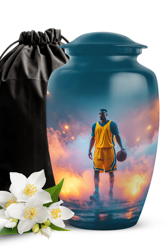 Deep Teal Basketball Cremation Urn angled view of lid and engraved motif - elegant classic basketball relief with fine detailing - full-size 10 inch 200 cubic inch adult cremation urn