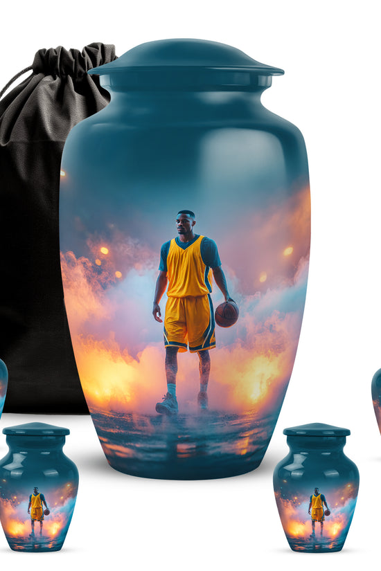 Sea Green Teal Basketball Cremation Urn top-down view of secure threaded lid - timeless basketball motif etched into premium metal - memorial set with one large and four small urns
