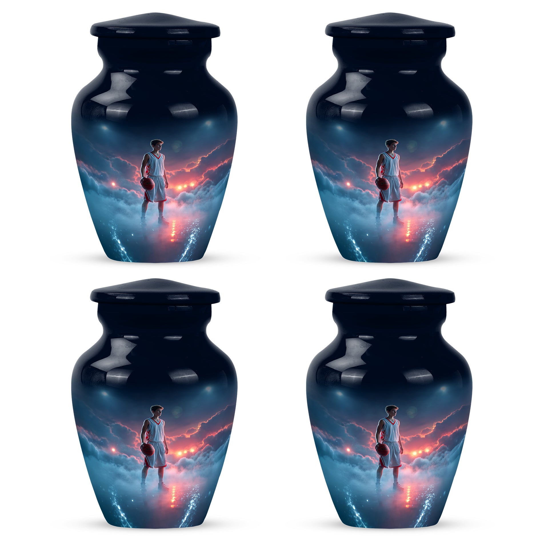 Pastel Blue Basketball Cremation Urn side profile showing urn shape - classic sculpted basketball pattern on smooth aluminum - 10 inch aluminum urn for cremated remains