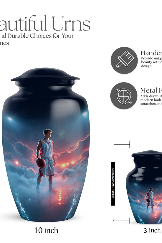 Cobalt Blue Basketball Cremation Urn close-up of engraving and surface detail - traditional basketball engraving with hand-polished finish - mini keepsake memorial for portion of cremation ashes