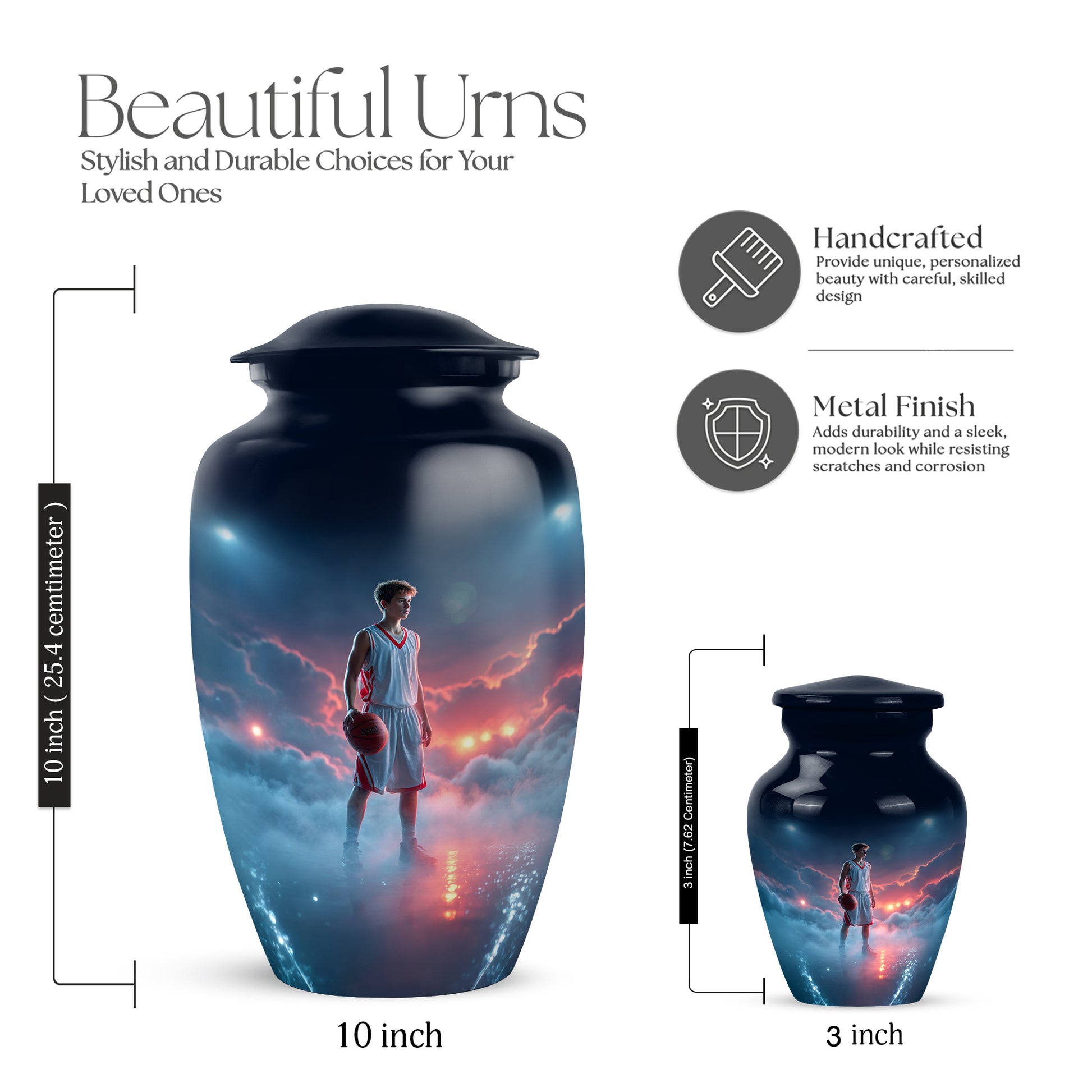 Cobalt Blue Basketball Cremation Urn close-up of engraving and surface detail - traditional basketball engraving with hand-polished finish - mini keepsake memorial for portion of cremation ashes