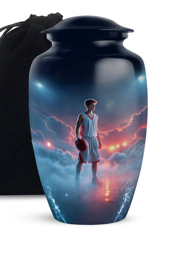 Bright Blue Basketball Cremation Urn angled view of lid and engraved motif - traditional basketball engraving with hand-polished finish - full-size 10 inch 200 cubic inch adult cremation urn