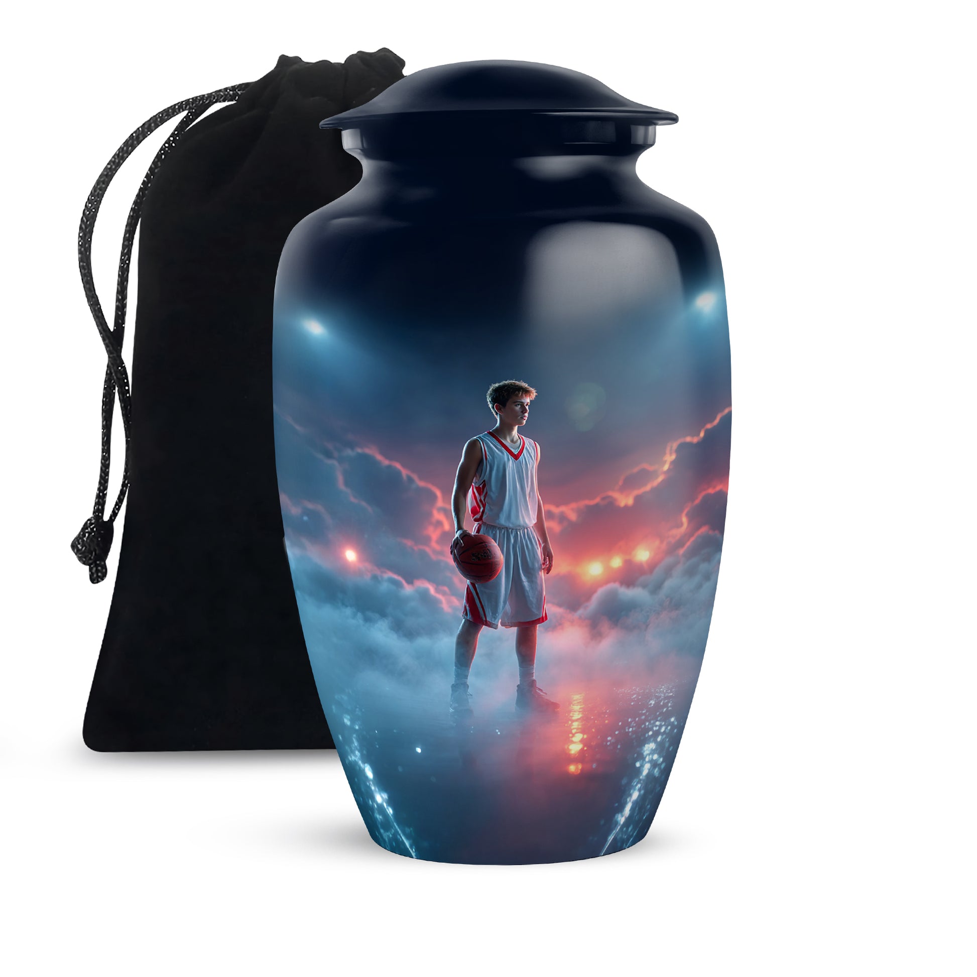 Bright Blue Basketball Cremation Urn angled view of lid and engraved motif - traditional basketball engraving with hand-polished finish - full-size 10 inch 200 cubic inch adult cremation urn