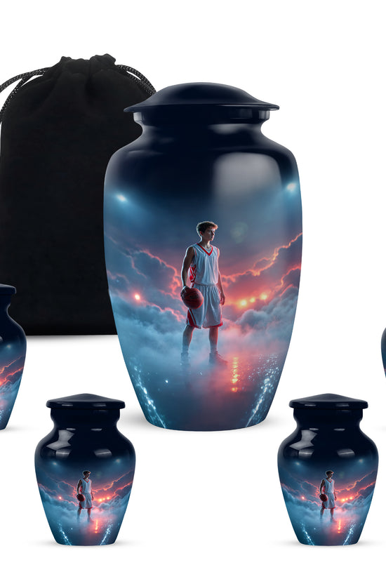 Bright Blue Basketball Cremation Urn top-down view of secure threaded lid - elegant classic basketball relief with fine detailing - memorial set with one large and four small urns