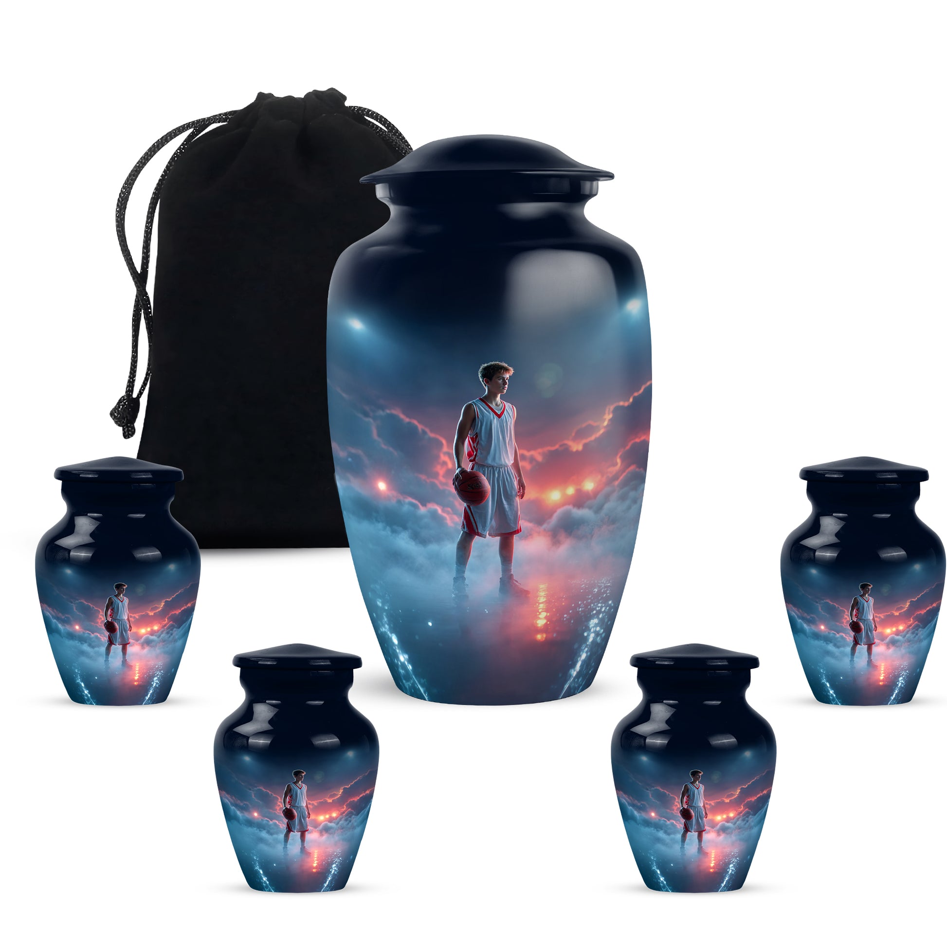 Bright Blue Basketball Cremation Urn top-down view of secure threaded lid - elegant classic basketball relief with fine detailing - memorial set with one large and four small urns