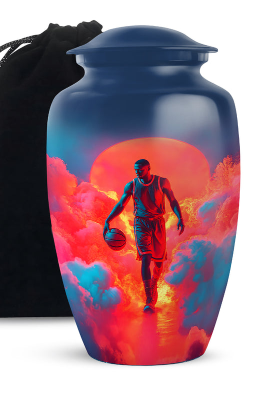 Bright Blue Basketball Cremation Urn angled view of lid and engraved motif - traditional basketball engraving with hand-polished finish - full-size 10 inch 200 cubic inch adult cremation urn