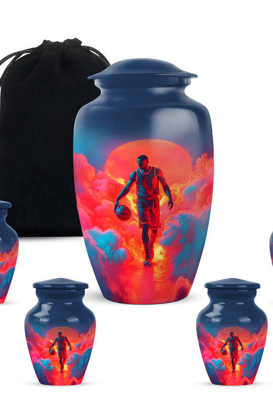 Royal Blue Basketball Cremation Urn top-down view of secure threaded lid - traditional basketball engraving with hand-polished finish - memorial set with one large and four small urns