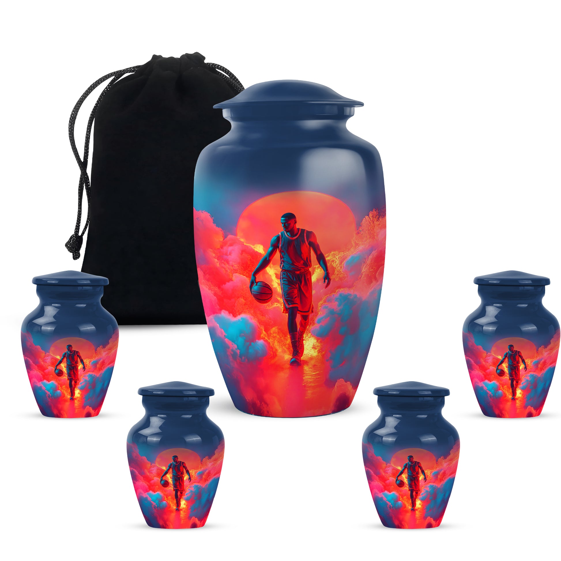 Royal Blue Basketball Cremation Urn top-down view of secure threaded lid - traditional basketball engraving with hand-polished finish - memorial set with one large and four small urns