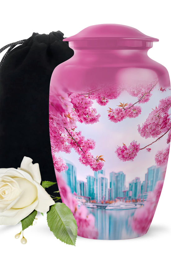 Cherry Blossom Cremation Urn- Pink Floral Memorial Urn For Burial