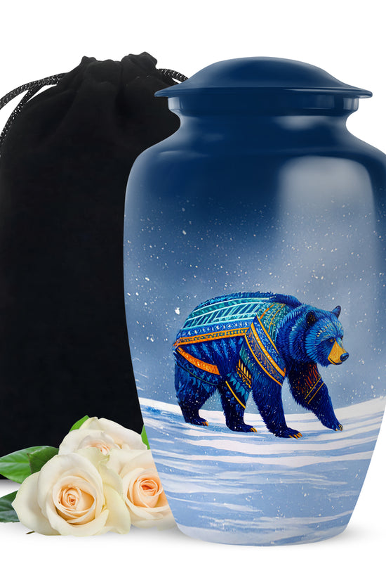 Blue Bear Cremation Urn - Tribal Wildlife Memorial Urn For Ashes