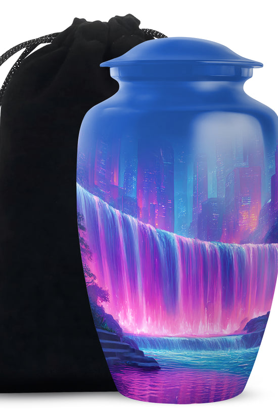 Neon Waterfall Funeral Urn For Ashes - City Memorial Urn For Burial