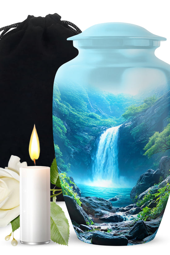 Scenic Waterfall Funeral Urn - Blue Aluminium Cremation Urn For Adult Ashes