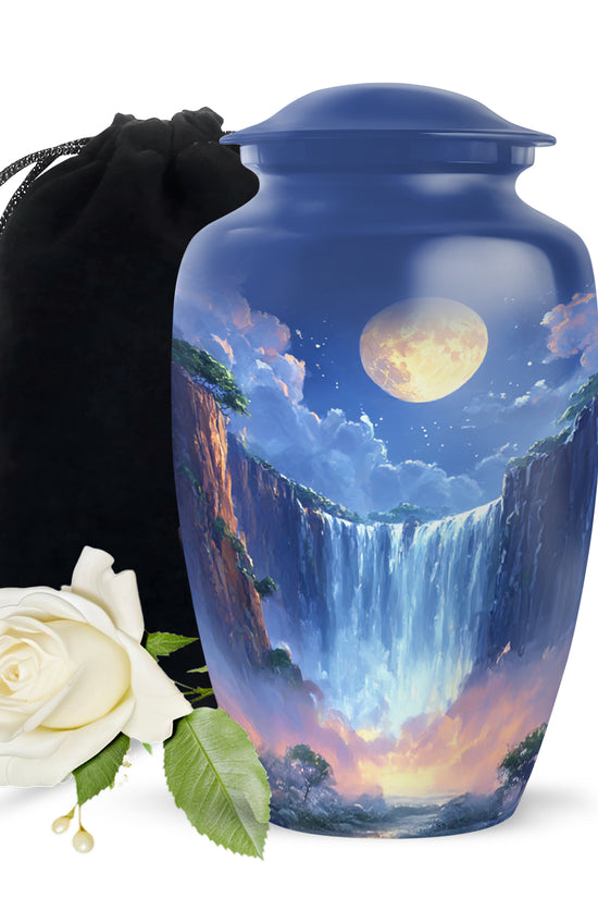 Beautiful Nature Theme Cremation Urn - Blue Aluminium Memorial Urn For Human Ashes