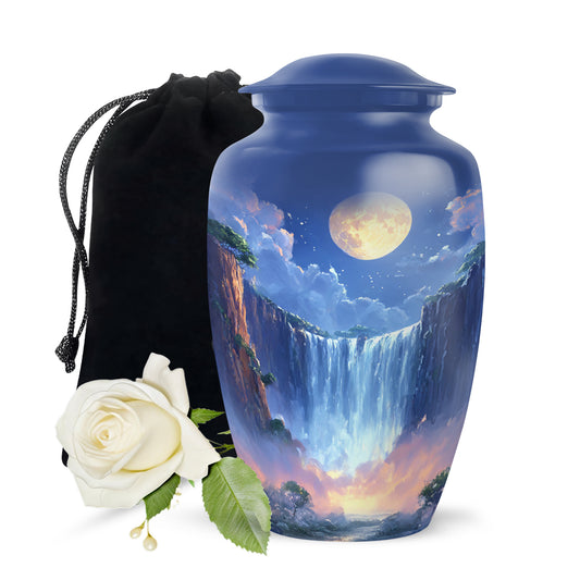 Beautiful Nature Theme Cremation Urn - Blue Aluminium Memorial Urn For Human Ashes