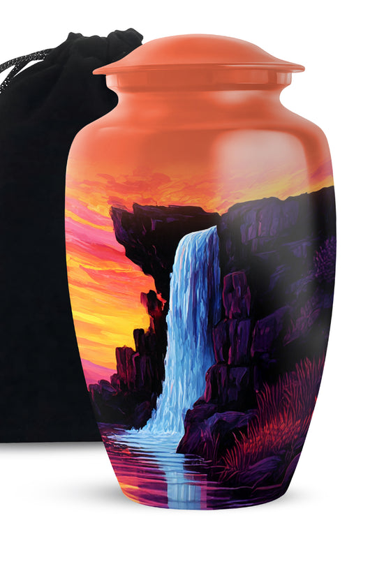 Mountain Waterfall Funeral Urn - Orange Aluminium Memorial Urn For Burial