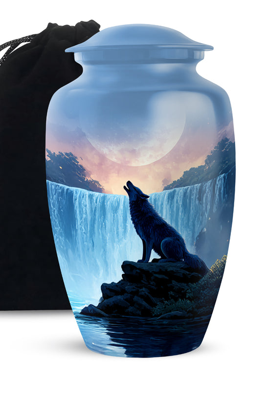 Mountain Waterfall Cremation Urn - Wolf Memorial Urn For Adult Ashes