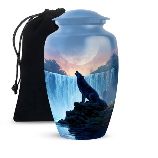 Mountain Waterfall Cremation Urn - Wolf Memorial Urn For Adult Ashes