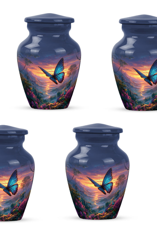 Serene Blue Butterfly Cremation Urn side profile showing urn shape - elegant classic butterfly relief with fine detailing - 10 inch aluminum urn for cremated remains
