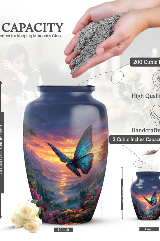 Powder Blue Butterfly Cremation Urn close-up of engraving and surface detail - classic sculpted butterfly pattern on smooth aluminum - mini keepsake memorial for portion of cremation ashes
