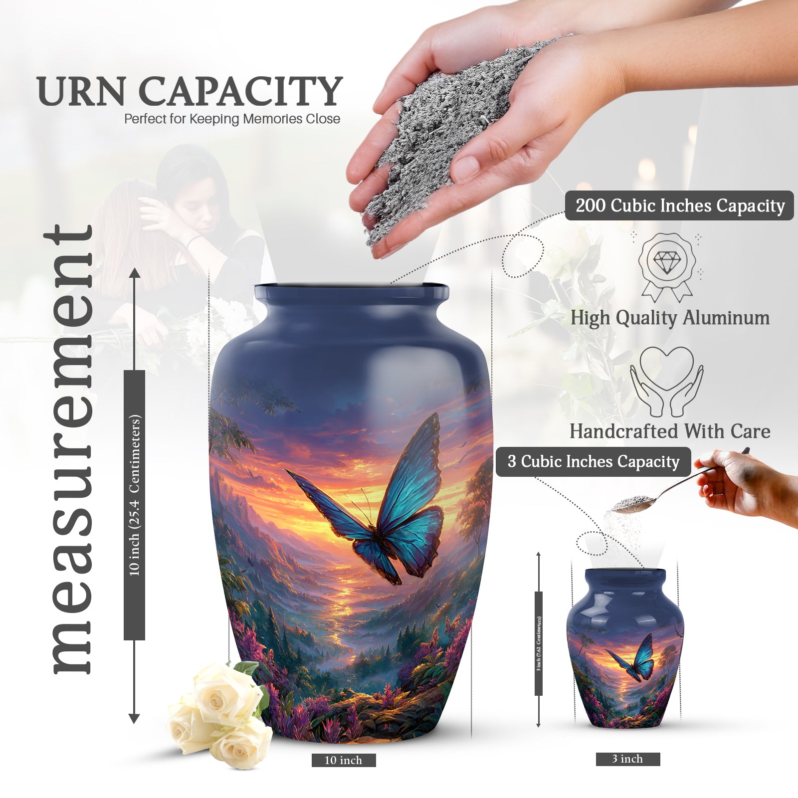 Powder Blue Butterfly Cremation Urn close-up of engraving and surface detail - classic sculpted butterfly pattern on smooth aluminum - mini keepsake memorial for portion of cremation ashes