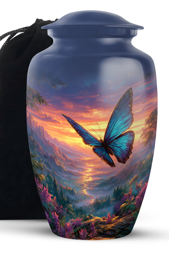 Indigo Butterfly Cremation Urn angled view of lid and engraved motif - timeless butterfly motif etched into premium metal - full-size 10 inch 200 cubic inch adult cremation urn