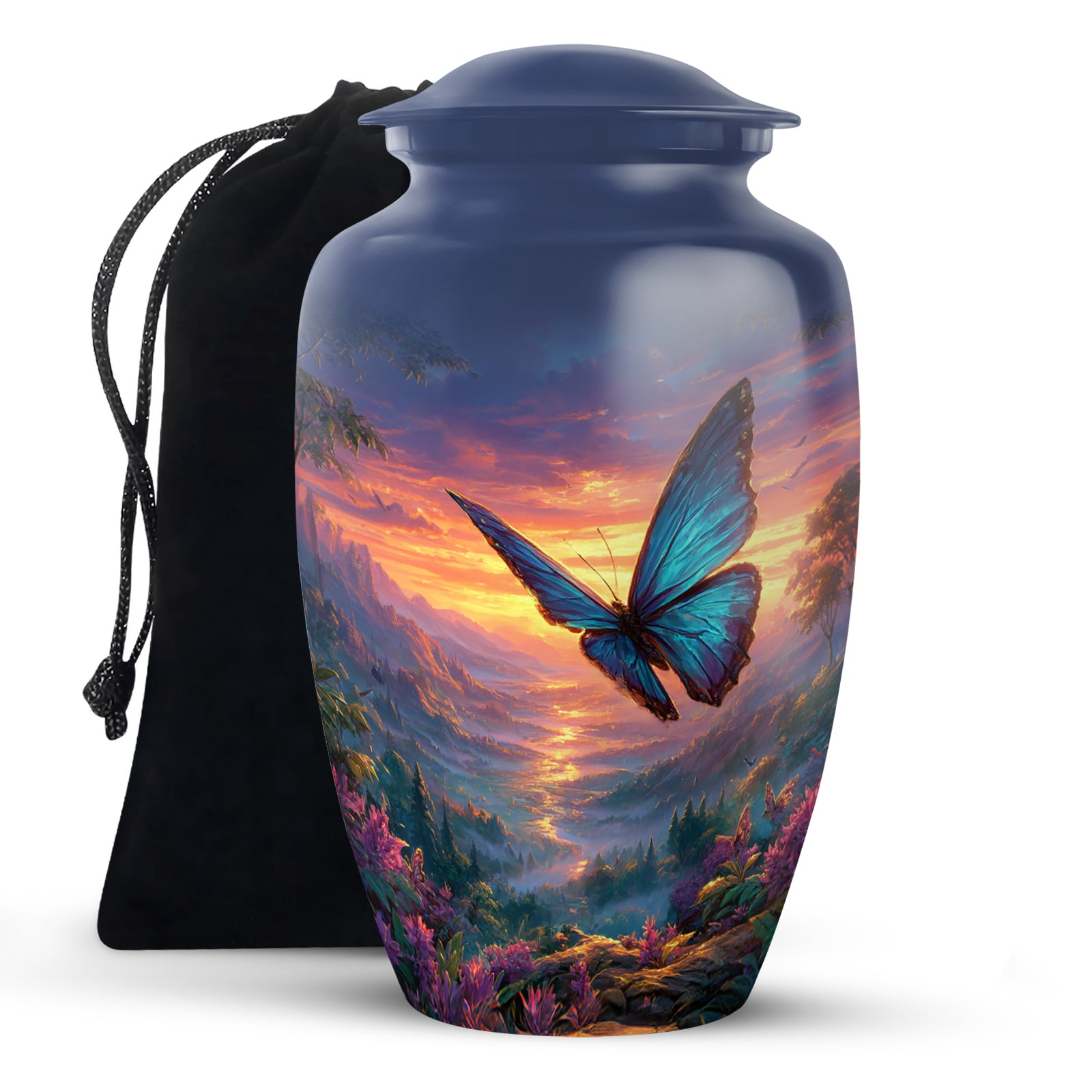 Indigo Butterfly Cremation Urn angled view of lid and engraved motif - timeless butterfly motif etched into premium metal - full-size 10 inch 200 cubic inch adult cremation urn
