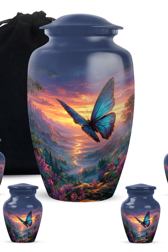 Slate Blue Butterfly Cremation Urn top-down view of secure threaded lid - classic sculpted butterfly pattern on smooth aluminum - memorial set with one large and four small urns
