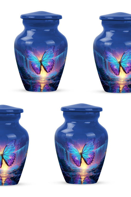 Royal Blue Butterfly Cremation Urn side profile showing urn shape - traditional butterfly engraving with hand-polished finish - 10 inch aluminum urn for cremated remains