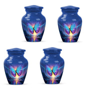 Royal Blue Butterfly Cremation Urn side profile showing urn shape - traditional butterfly engraving with hand-polished finish - 10 inch aluminum urn for cremated remains