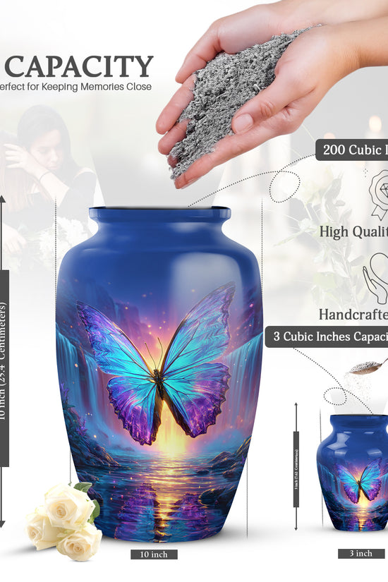 Royal Blue Butterfly Cremation Urn close-up of engraving and surface detail - elegant classic butterfly relief with fine detailing - mini keepsake memorial for portion of cremation ashes