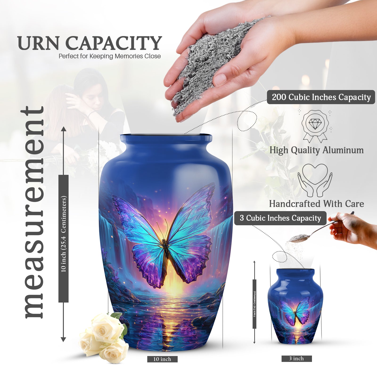 Royal Blue Butterfly Cremation Urn close-up of engraving and surface detail - elegant classic butterfly relief with fine detailing - mini keepsake memorial for portion of cremation ashes