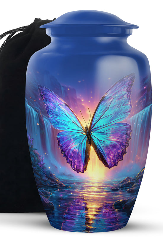 Cornflower Blue Butterfly Cremation Urn angled view of lid and engraved motif - traditional butterfly engraving with hand-polished finish - full-size 10 inch 200 cubic inch adult cremation urn