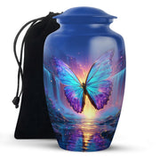 Cornflower Blue Butterfly Cremation Urn angled view of lid and engraved motif - traditional butterfly engraving with hand-polished finish - full-size 10 inch 200 cubic inch adult cremation urn