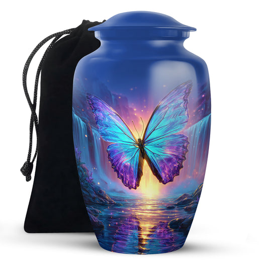 Cornflower Blue Butterfly Cremation Urn angled view of lid and engraved motif - traditional butterfly engraving with hand-polished finish - full-size 10 inch 200 cubic inch adult cremation urn