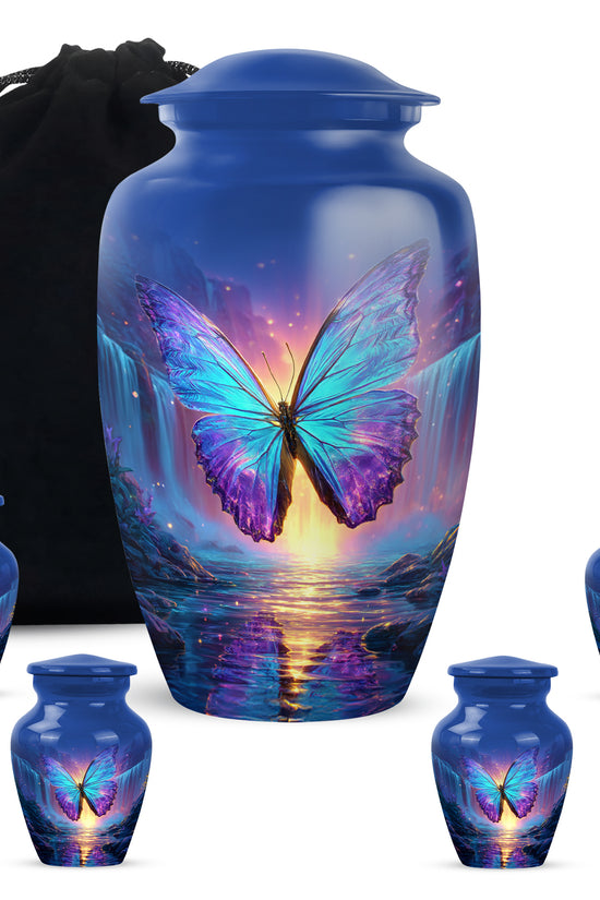 Cornflower Blue Butterfly Cremation Urn top-down view of secure threaded lid - elegant classic butterfly relief with fine detailing - memorial set with one large and four small urns