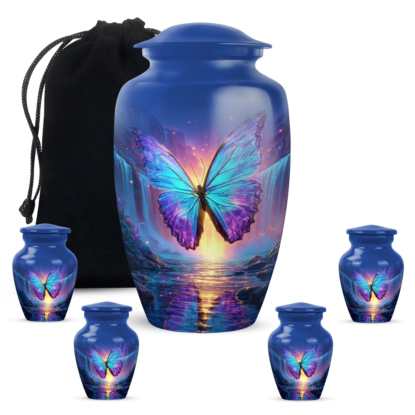 Cornflower Blue Butterfly Cremation Urn top-down view of secure threaded lid - elegant classic butterfly relief with fine detailing - memorial set with one large and four small urns
