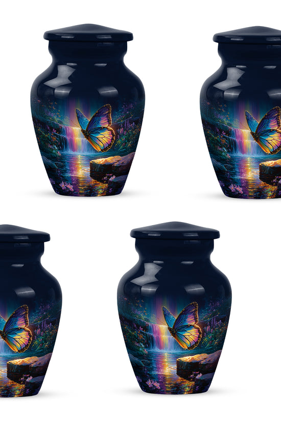Cobalt Blue Butterfly Cremation Urn side profile showing urn shape - traditional butterfly engraving with hand-polished finish - 10 inch aluminum urn for cremated remains