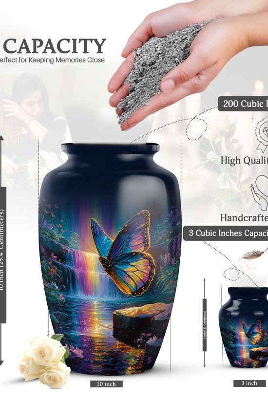 Soft Blue Butterfly Cremation Urn close-up of engraving and surface detail - elegant classic butterfly relief with fine detailing - mini keepsake memorial for portion of cremation ashes