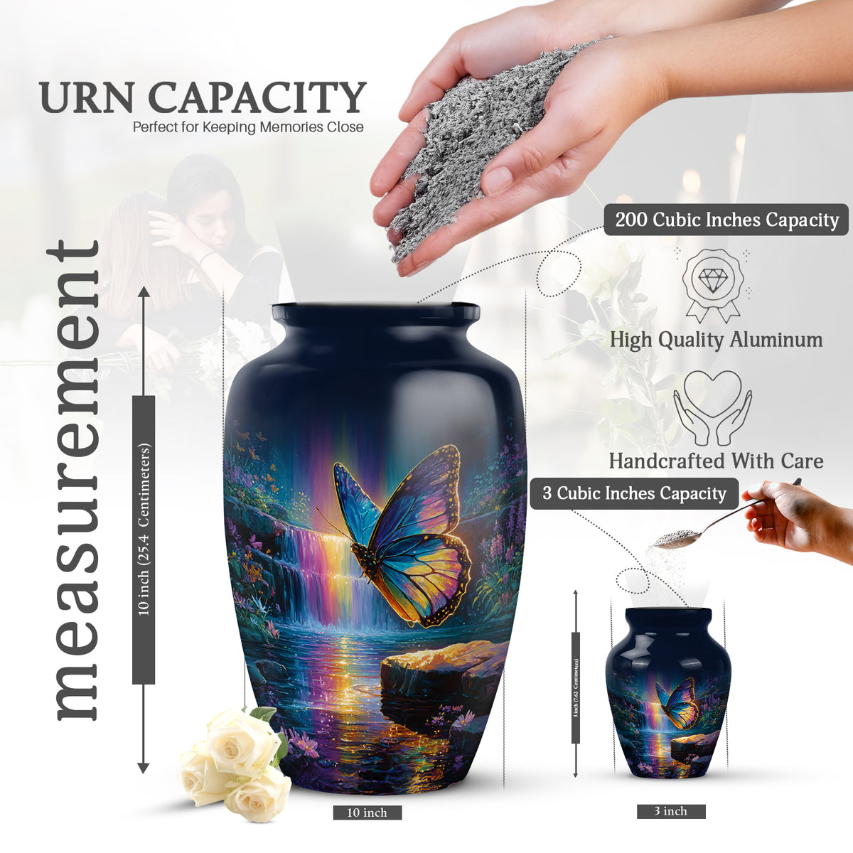 Soft Blue Butterfly Cremation Urn close-up of engraving and surface detail - elegant classic butterfly relief with fine detailing - mini keepsake memorial for portion of cremation ashes