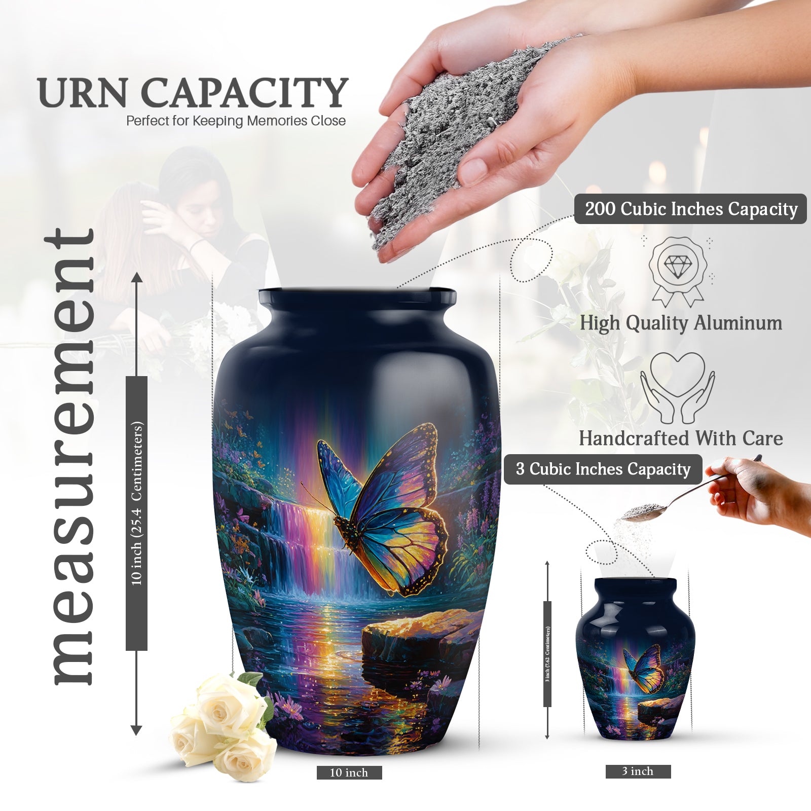 Soft Blue Butterfly Cremation Urn close-up of engraving and surface detail - elegant classic butterfly relief with fine detailing - mini keepsake memorial for portion of cremation ashes