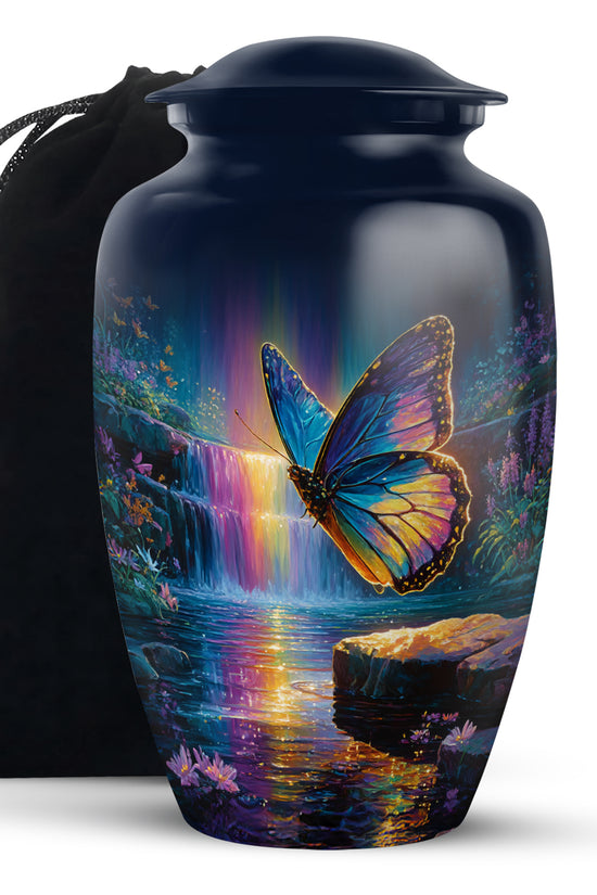 Azure Butterfly Cremation Urn angled view of lid and engraved motif - timeless butterfly motif etched into premium metal - full-size 10 inch 200 cubic inch adult cremation urn