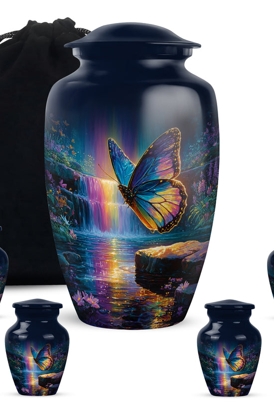 Pastel Blue Butterfly Cremation Urn top-down view of secure threaded lid - timeless butterfly motif etched into premium metal - memorial set with one large and four small urns