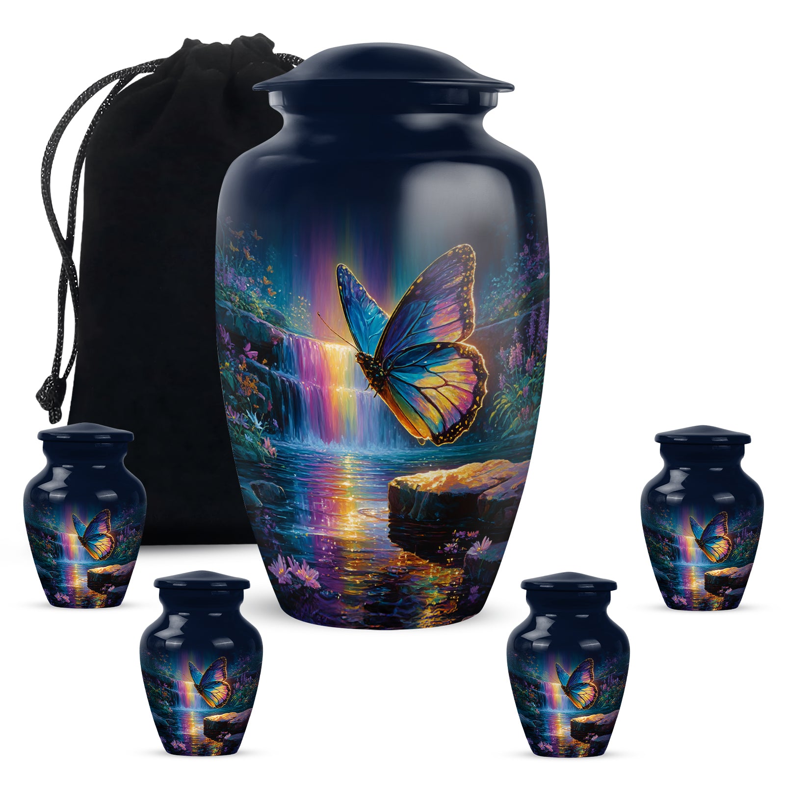 Pastel Blue Butterfly Cremation Urn top-down view of secure threaded lid - timeless butterfly motif etched into premium metal - memorial set with one large and four small urns