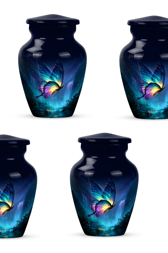 Bright Blue Butterfly Cremation Urn side profile showing urn shape - traditional butterfly engraving with hand-polished finish - 10 inch aluminum urn for cremated remains