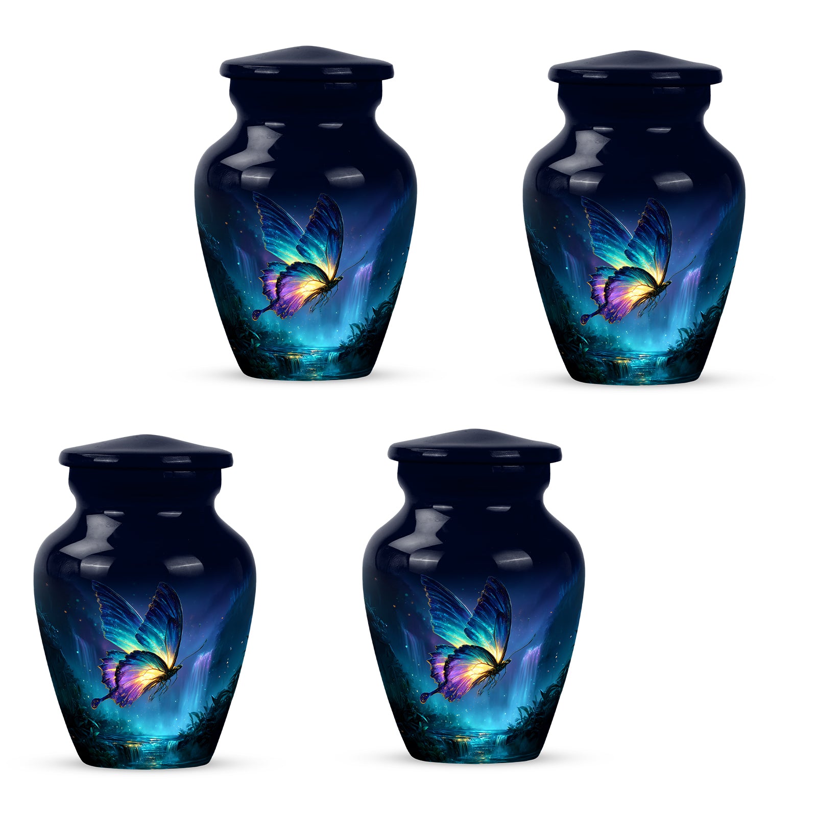 Bright Blue Butterfly Cremation Urn side profile showing urn shape - traditional butterfly engraving with hand-polished finish - 10 inch aluminum urn for cremated remains