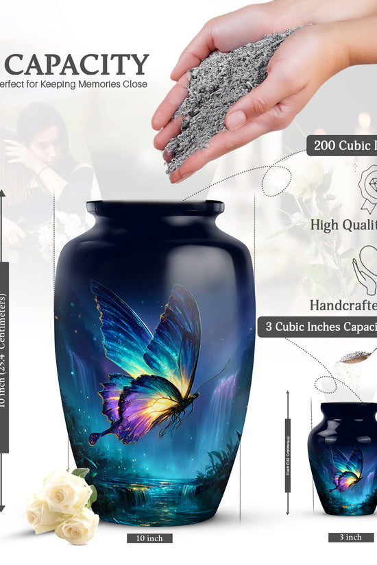 Powder Blue Butterfly Cremation Urn close-up of engraving and surface detail - classic sculpted butterfly pattern on smooth aluminum - mini keepsake memorial for portion of cremation ashes