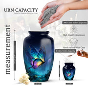 Powder Blue Butterfly Cremation Urn close-up of engraving and surface detail - classic sculpted butterfly pattern on smooth aluminum - mini keepsake memorial for portion of cremation ashes
