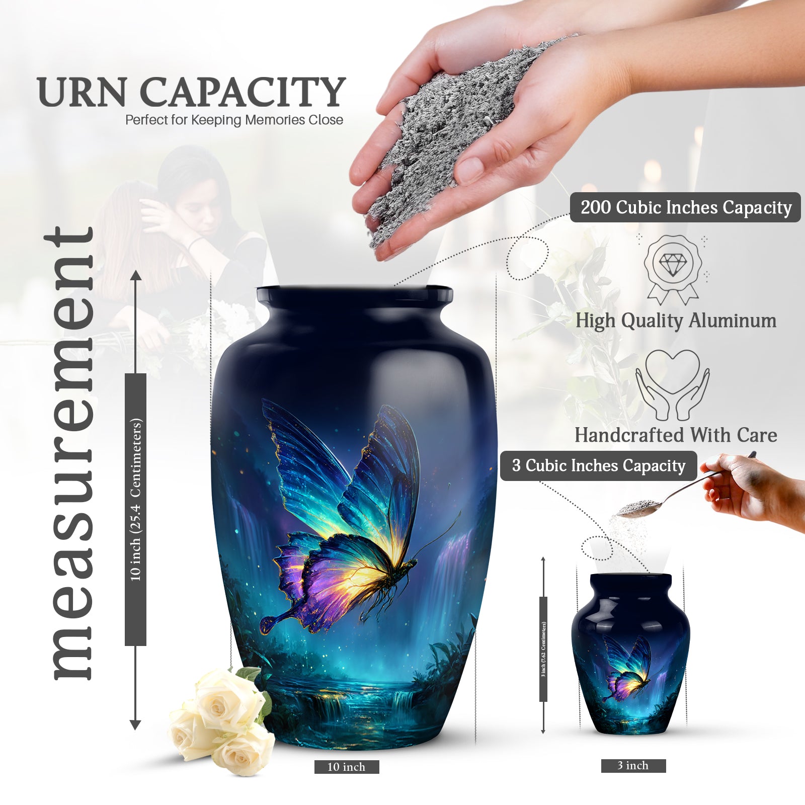 Powder Blue Butterfly Cremation Urn close-up of engraving and surface detail - classic sculpted butterfly pattern on smooth aluminum - mini keepsake memorial for portion of cremation ashes