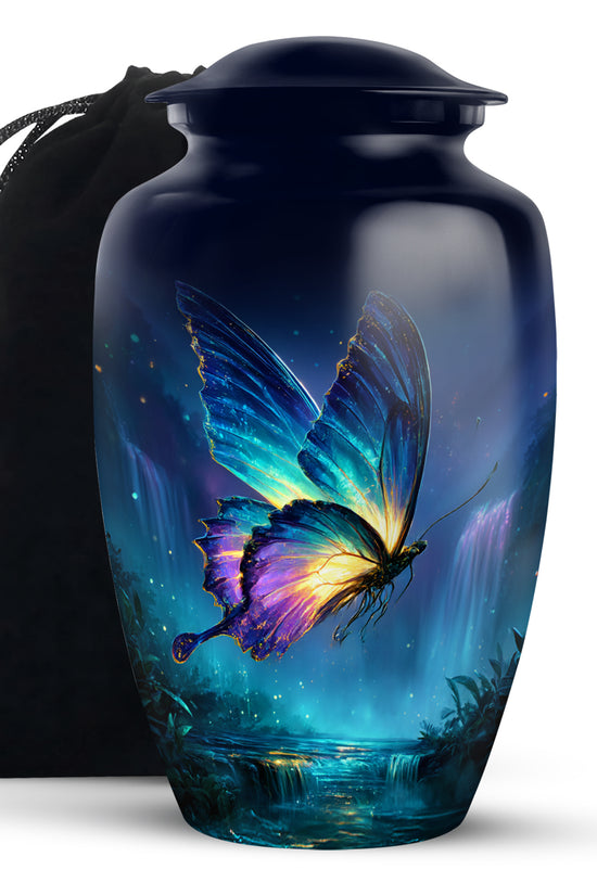 Navy Blue Butterfly Cremation Urn angled view of lid and engraved motif - timeless butterfly motif etched into premium metal - full-size 10 inch 200 cubic inch adult cremation urn
